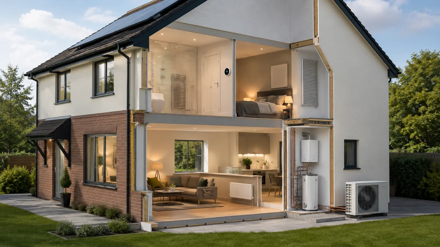 Energy-efficient modern UK home with heating, radiators, smart thermostat and heat pump